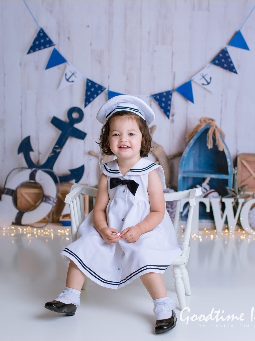 White Sailor Dress with Navy Trim - Toddler